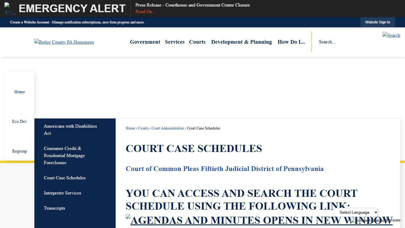 Court Case Schedules Butler County, PA